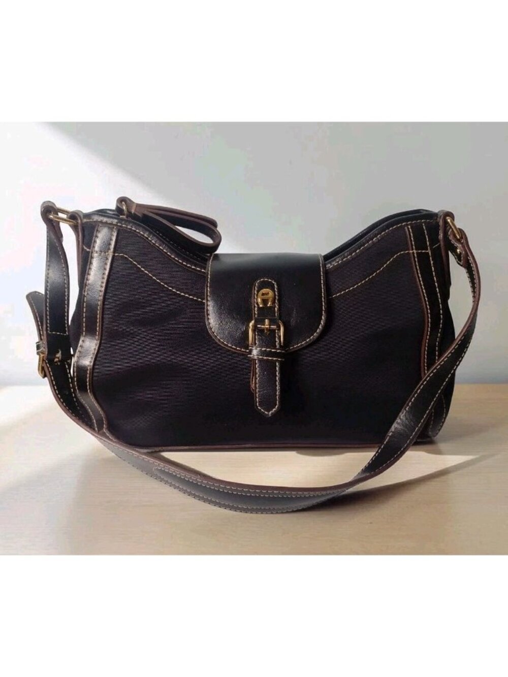 Etienne Aigner Nylon Hobo Shoulder Purse Black Leather Trim Logo